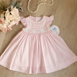 Pink Smocked Dress Hand Embroidery Pin Tucks Fly Sleeve Luli & Me Boutique  NWT